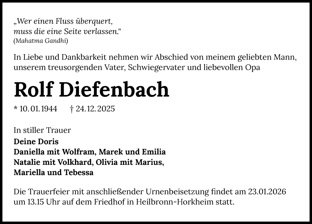  Traueranzeige für Rolf Diefenbach vom 17.01.2026 aus GESAMT