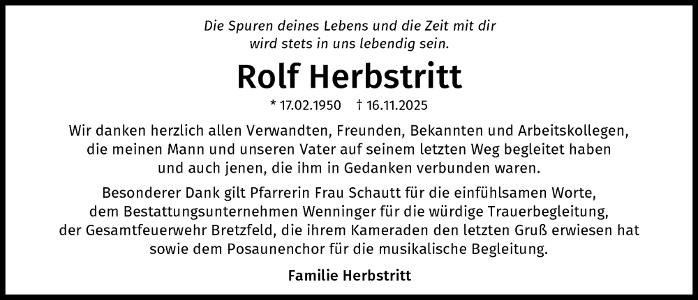  Traueranzeige für Rolf Herbstritt vom 10.01.2026 aus GESAMT