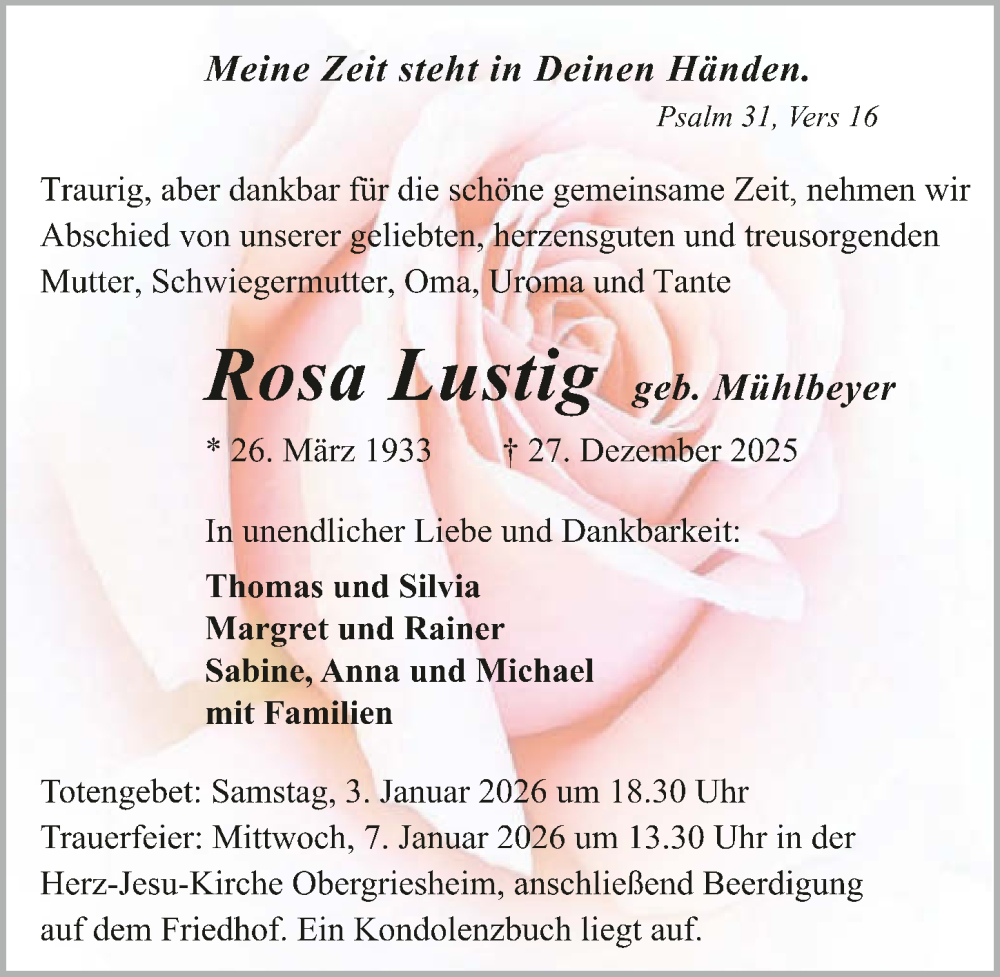  Traueranzeige für Rosa Lustig vom 03.01.2026 aus GESAMT