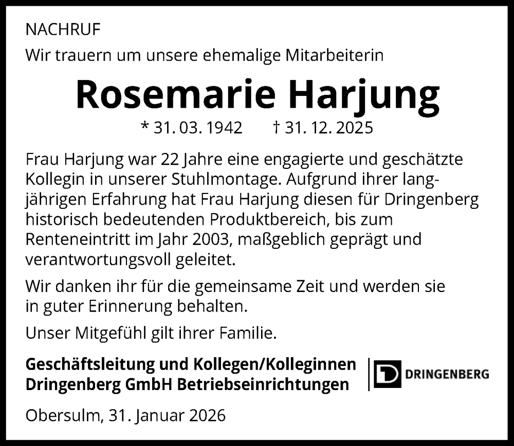  Traueranzeige für Rosemarie Harjung vom 31.01.2026 aus GESAMT