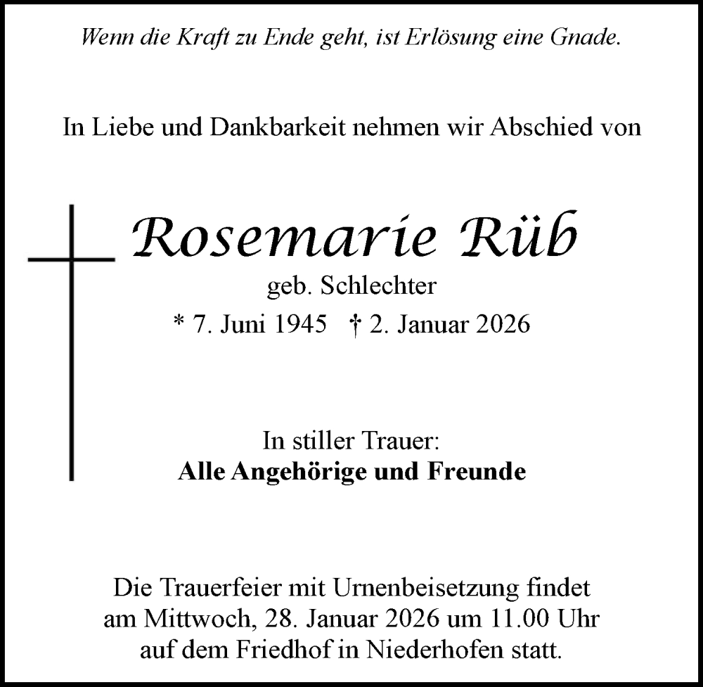  Traueranzeige für Rosemarie Rüb vom 24.01.2026 aus GESAMT