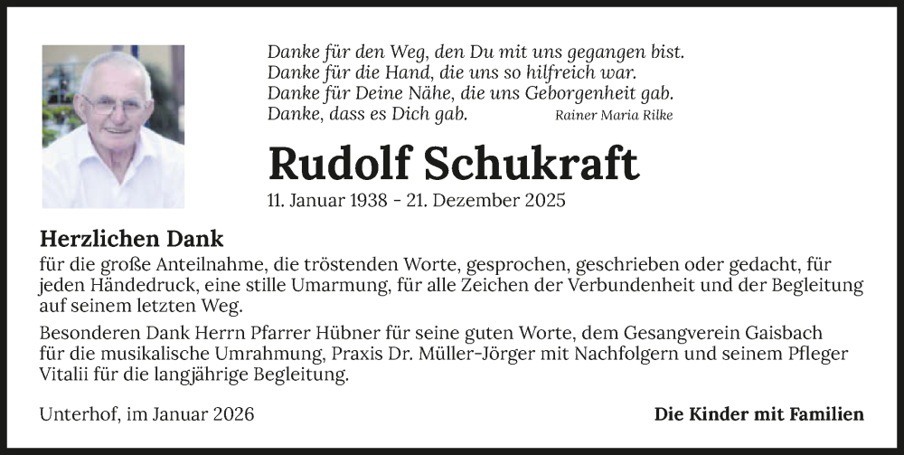  Traueranzeige für Rudolf Schukraft vom 21.01.2026 aus GESAMT