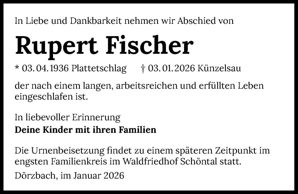  Traueranzeige für Rupert Fischer vom 10.01.2026 aus GESAMT