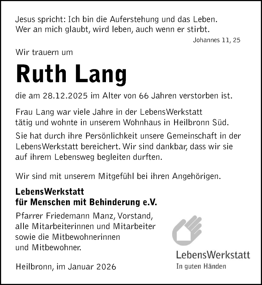  Traueranzeige für Ruth Lang vom 17.01.2026 aus GESAMT