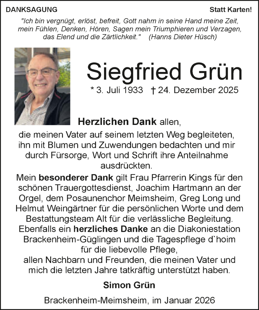  Traueranzeige für Siegfried Grün vom 31.01.2026 aus GESAMT