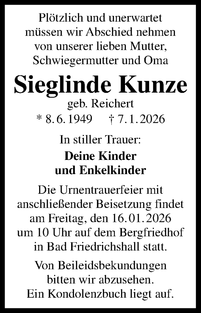  Traueranzeige für Sieglinde Kunze vom 10.01.2026 aus GESAMT