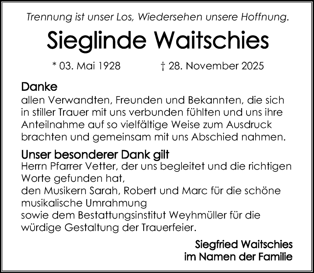  Traueranzeige für Sieglinde Waitschies vom 10.01.2026 aus GESAMT