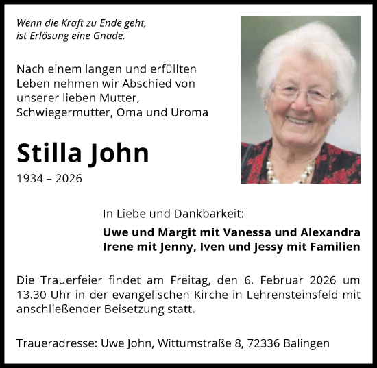 Traueranzeige von Stilla John von GESAMT