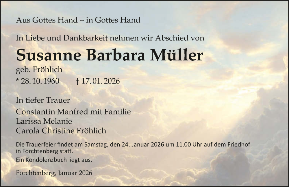  Traueranzeige für Susanne Barbara Müller vom 22.01.2026 aus GESAMT