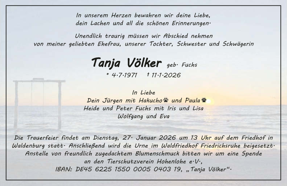  Traueranzeige für Tanja Völker vom 21.01.2026 aus GESAMT
