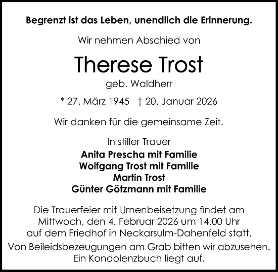 Traueranzeige von Therese Trost von GESAMT