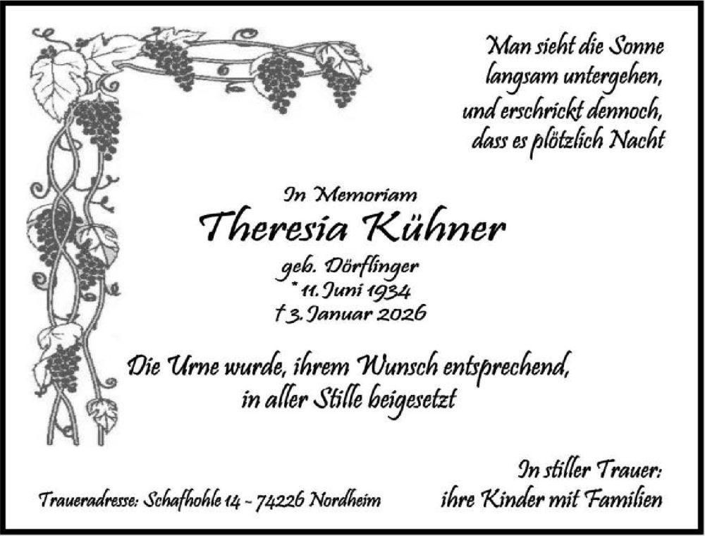  Traueranzeige für Theresia Kühner vom 24.01.2026 aus GESAMT