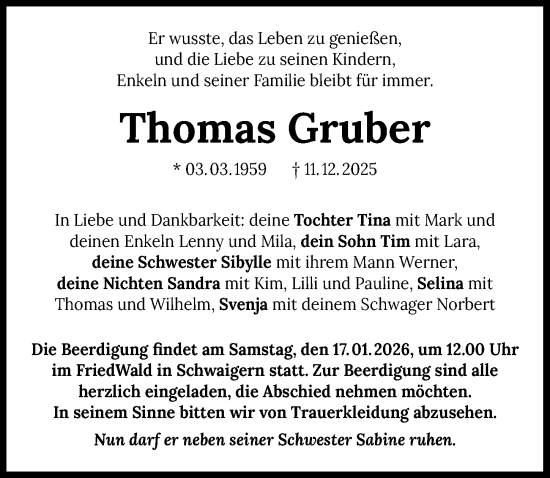 Traueranzeige von Thomas Gruber von GESAMT