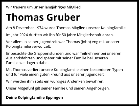 Traueranzeige von Thomas Gruber von GESAMT