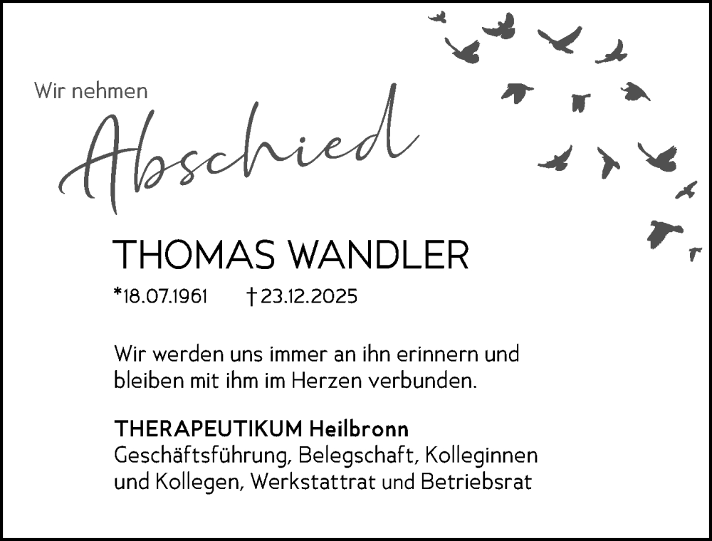  Traueranzeige für Thomas Wandler vom 10.01.2026 aus GESAMT