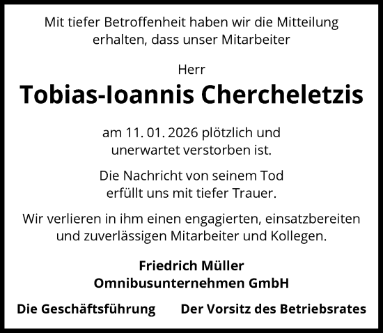 Traueranzeige von Tobias-Ioannis Chercheletzis von GESAMT