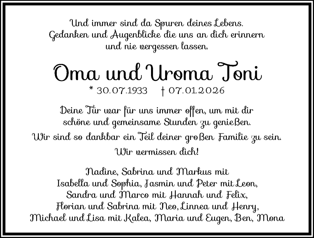  Traueranzeige für Toni Schadenberger vom 10.01.2026 aus GESAMT