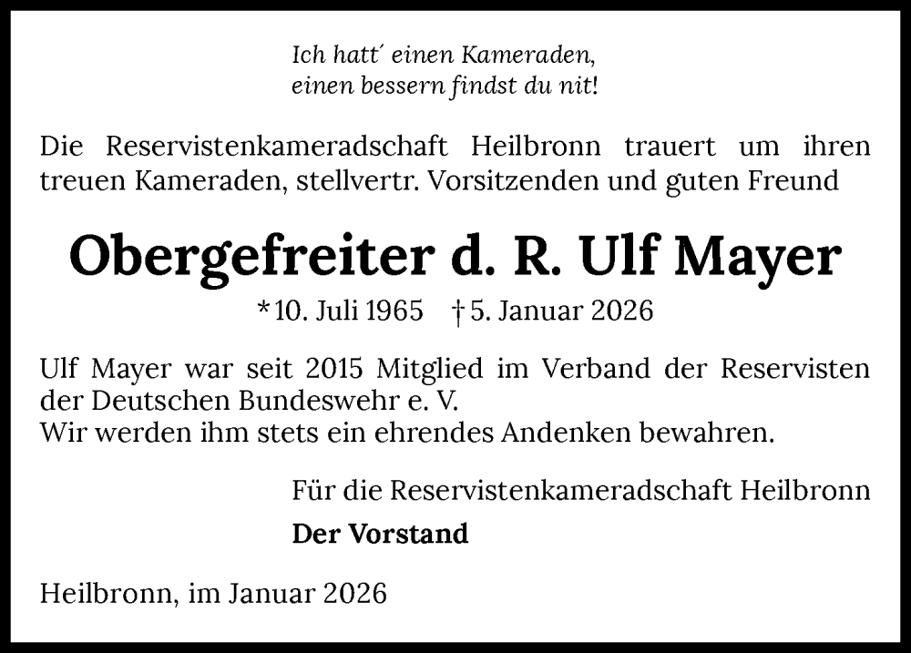  Traueranzeige für Ulf Mayer vom 10.01.2026 aus GESAMT