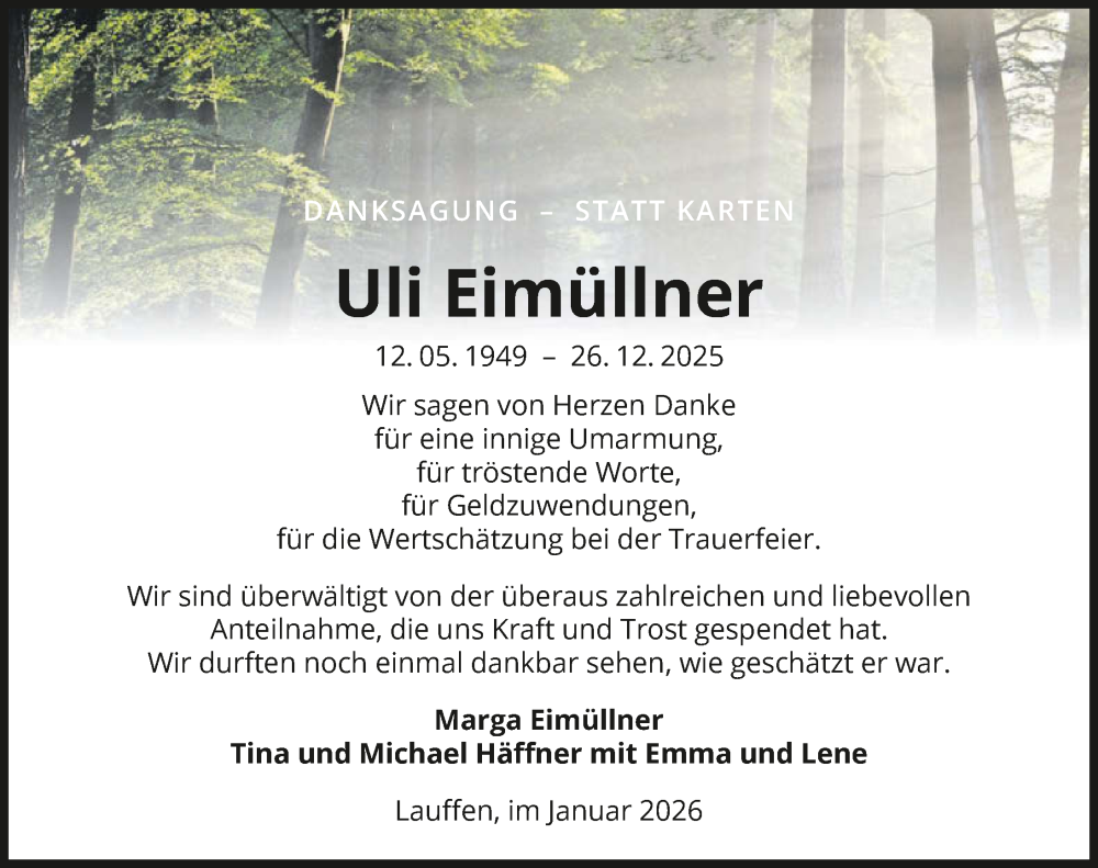  Traueranzeige für Uli Eimüllner vom 24.01.2026 aus GESAMT