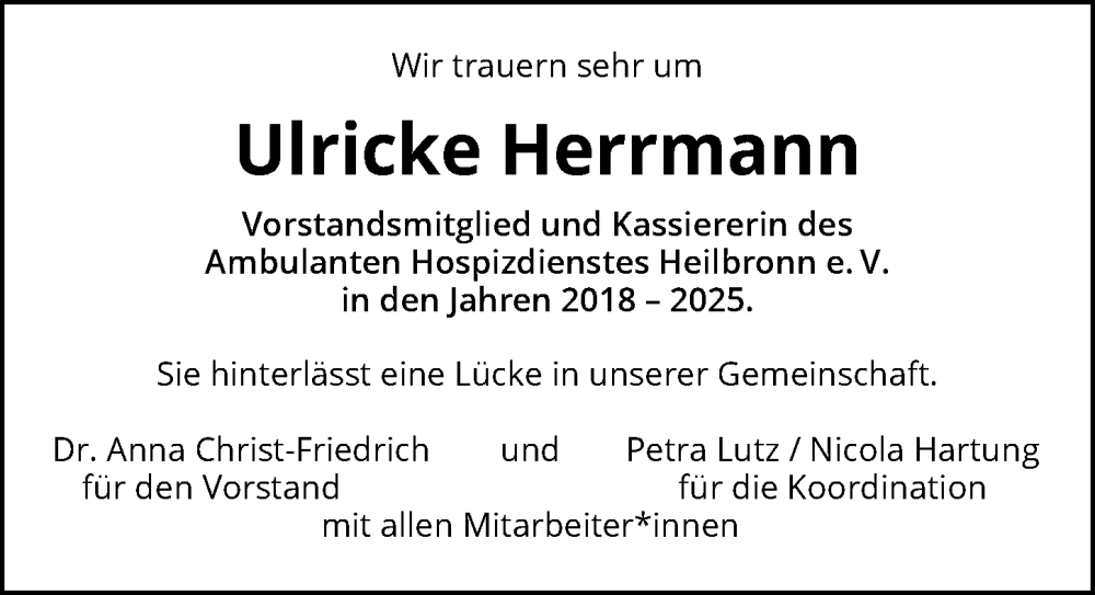  Traueranzeige für Ulricke Herrmann vom 07.01.2026 aus GESAMT