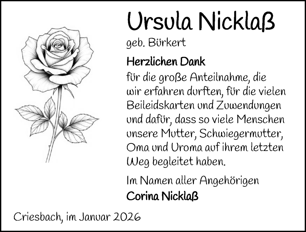 Traueranzeige für Ursula Nicklaß vom 17.01.2026 aus GESAMT