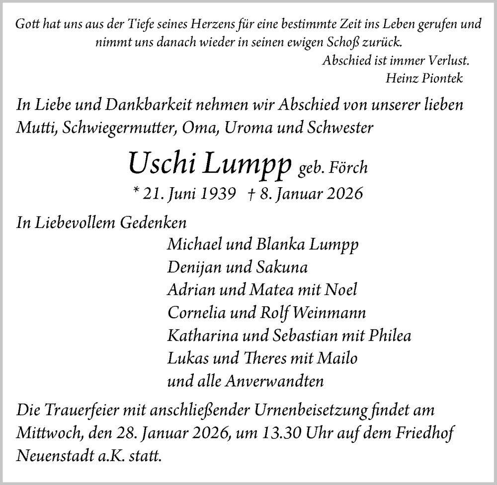  Traueranzeige für Uschi Lumpp vom 24.01.2026 aus GESAMT
