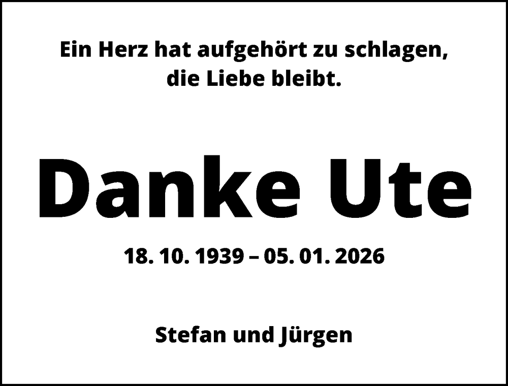  Traueranzeige für Ute Noé vom 10.01.2026 aus GESAMT