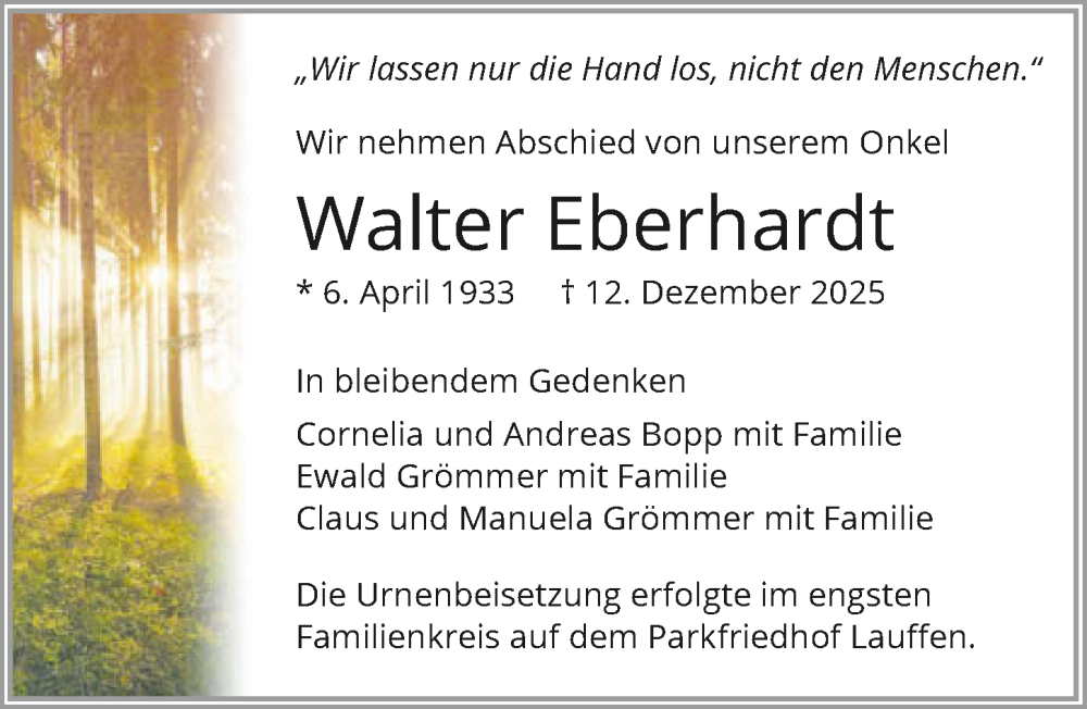  Traueranzeige für Walter Eberhardt vom 13.01.2026 aus GESAMT