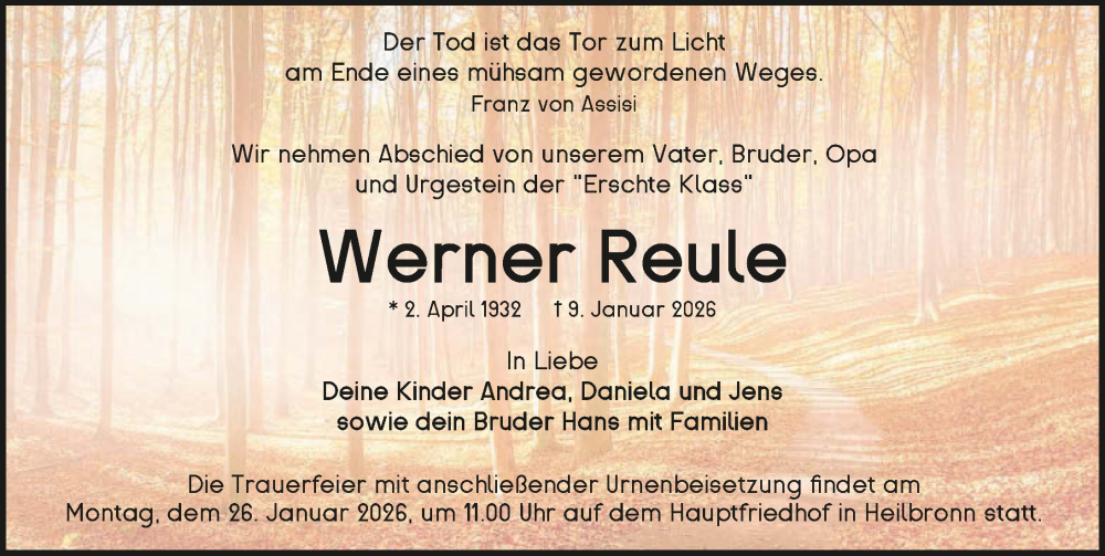  Traueranzeige für Werner Reule vom 17.01.2026 aus GESAMT