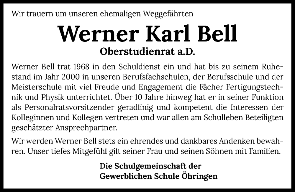  Traueranzeige für Werner Karl Bell vom 31.01.2026 aus GESAMT