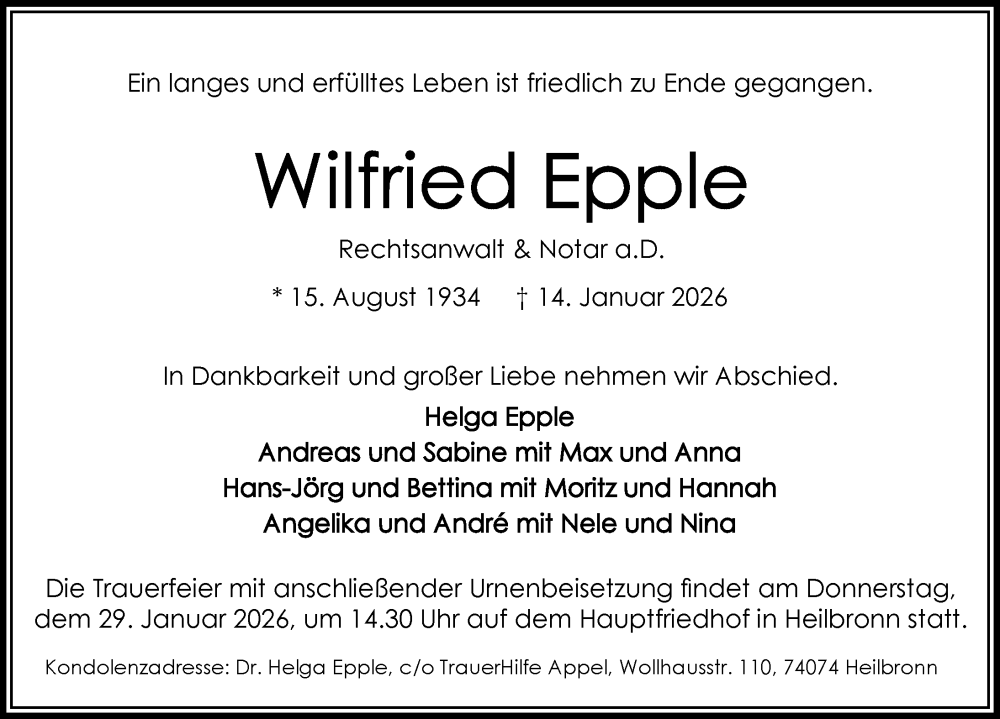  Traueranzeige für Wilfried Epple vom 24.01.2026 aus GESAMT