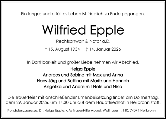 Traueranzeige von Wilfried Epple von GESAMT