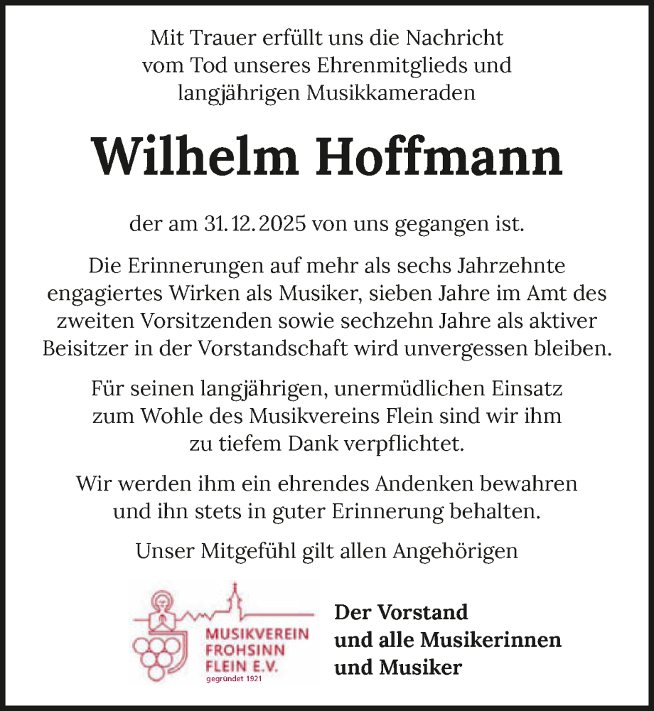  Traueranzeige für Wilhelm Hoffmann vom 17.01.2026 aus GESAMT