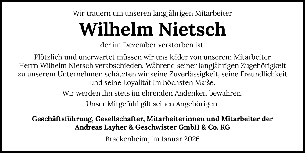  Traueranzeige für Wilhelm Nietsch vom 15.01.2026 aus GESAMT