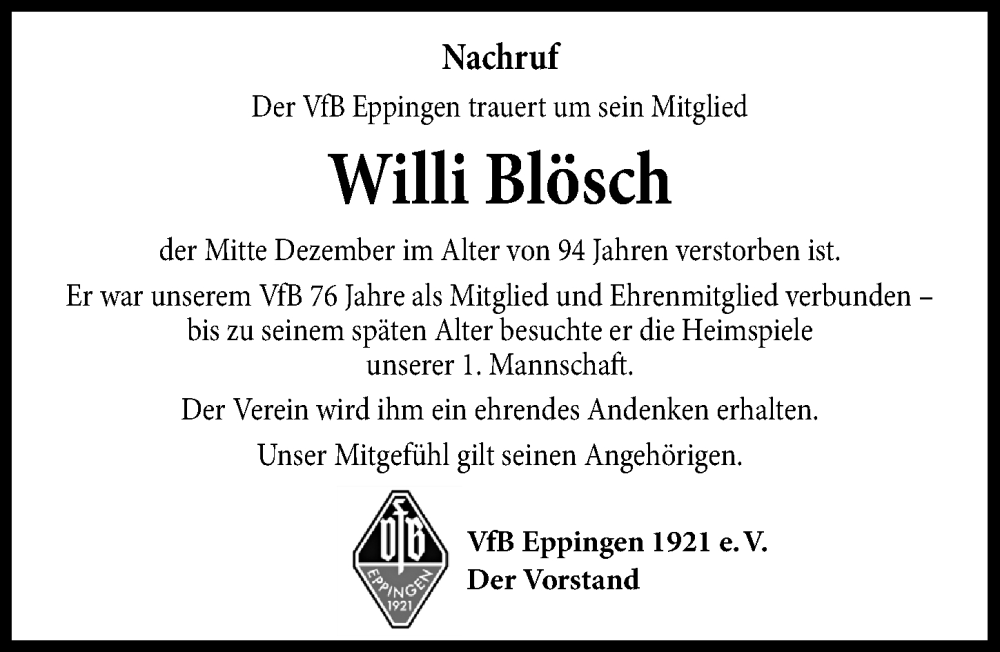  Traueranzeige für Willi Blösch vom 10.01.2026 aus GESAMT