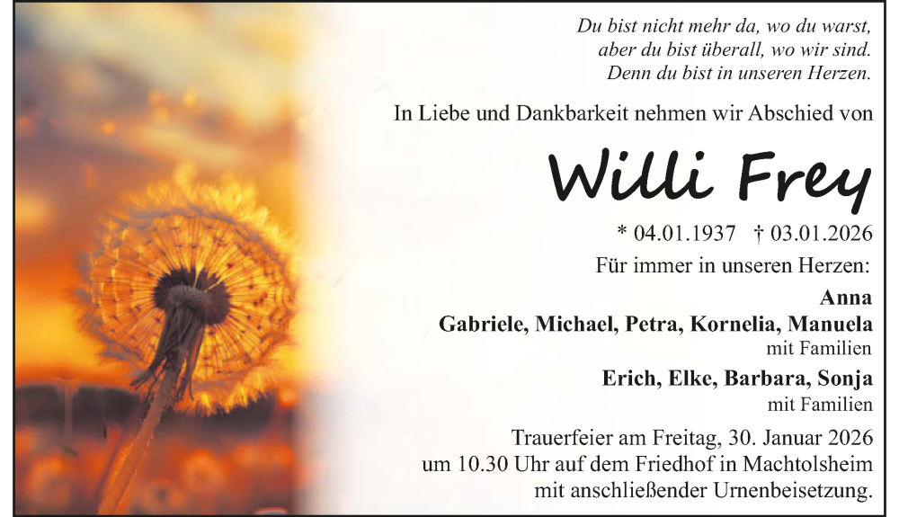  Traueranzeige für Willi Frey vom 17.01.2026 aus GESAMT