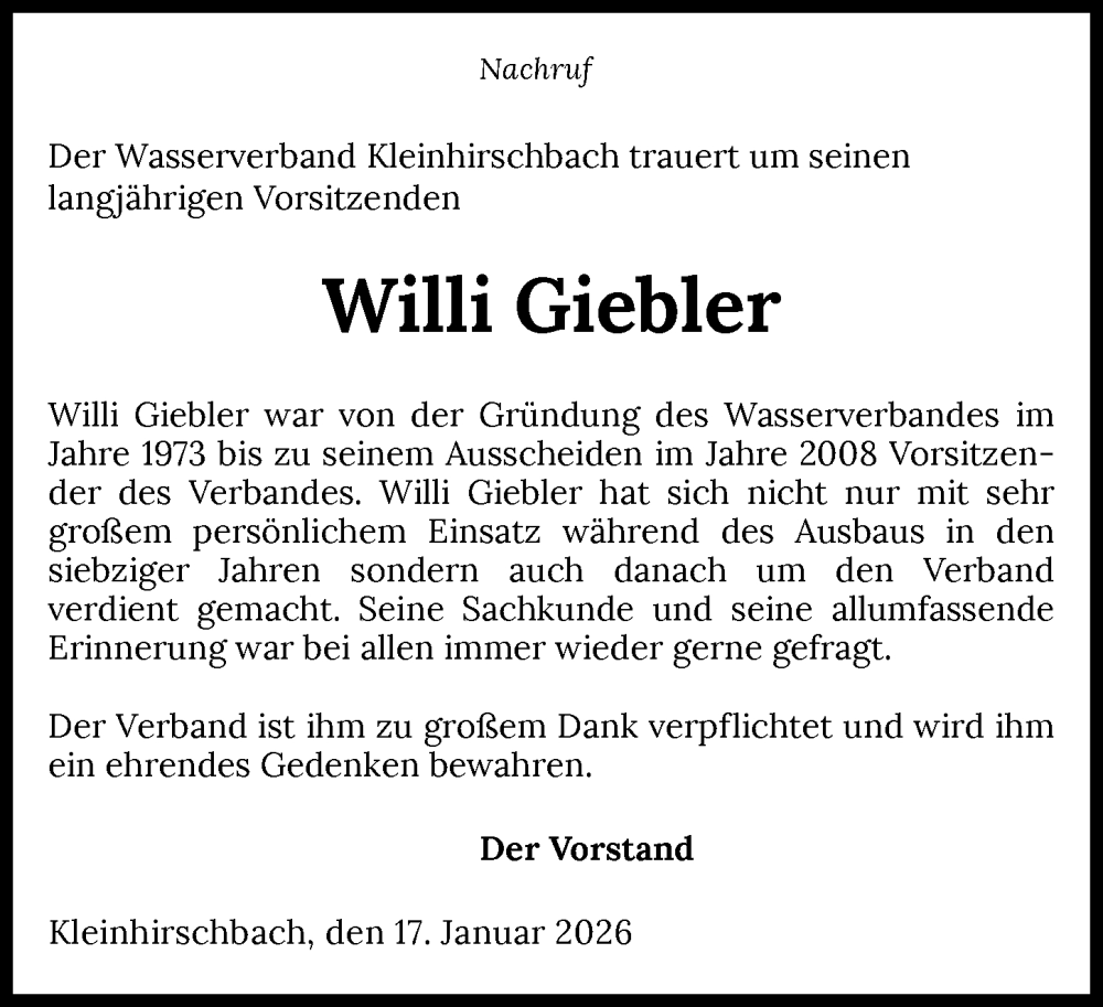  Traueranzeige für Willi Giebler vom 17.01.2026 aus GESAMT