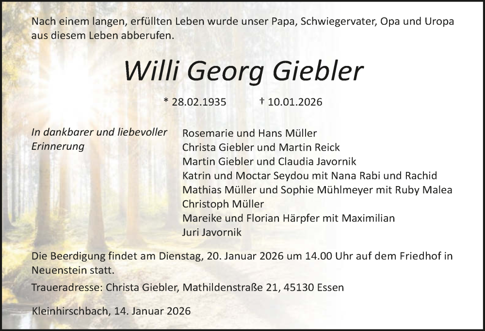  Traueranzeige für Willi Georg Giebler vom 14.01.2026 aus GESAMT