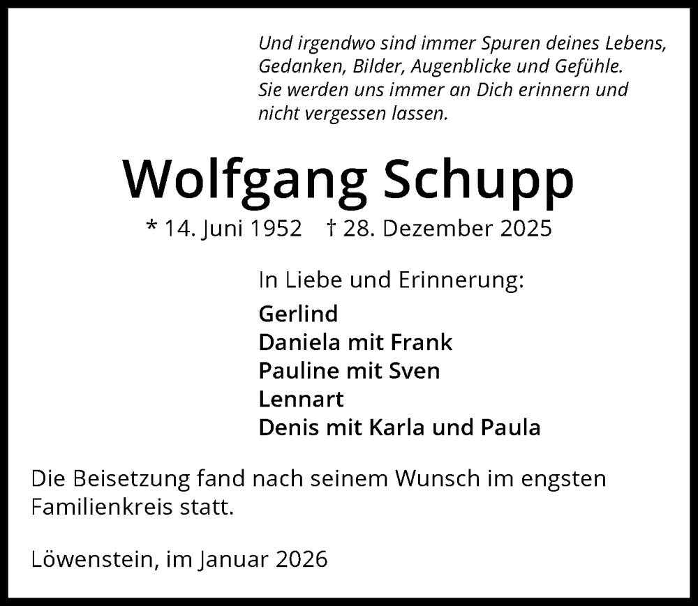  Traueranzeige für Wolfgang Schupp vom 17.01.2026 aus GESAMT