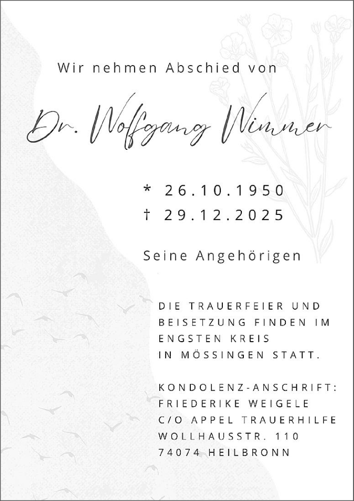  Traueranzeige für Wolfgang Wimmer vom 17.01.2026 aus GESAMT