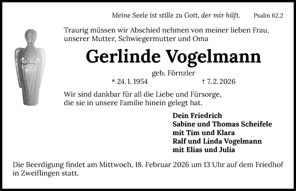  Traueranzeige für Gerlinde Vogelmann vom 16.02.2026 aus 