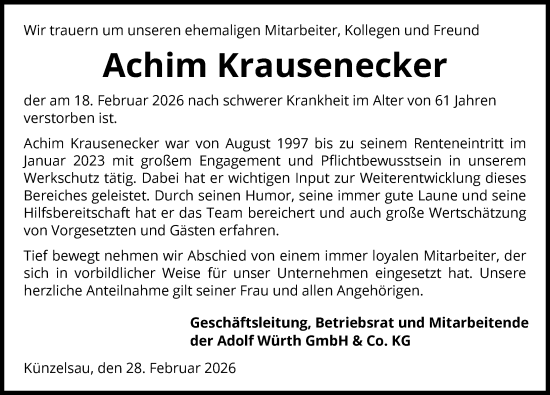 Traueranzeige von Achim Krausenecker von GESAMT