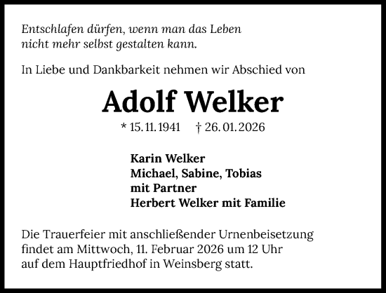 Traueranzeige von Adolf Welker von GESAMT