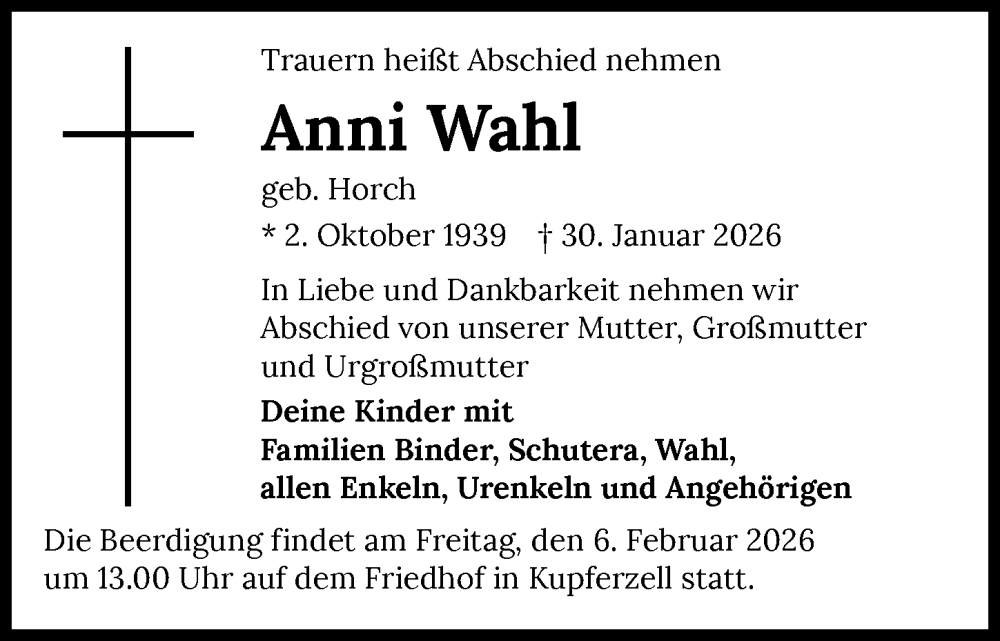  Traueranzeige für Anni Wahl vom 05.02.2026 aus GESAMT