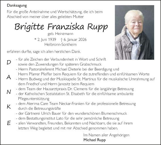 Traueranzeige von Brigitte Franziska Rupp von GESAMT