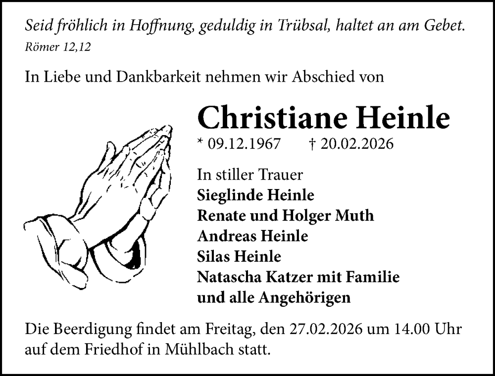  Traueranzeige für Christiane Heinle vom 25.02.2026 aus GESAMT