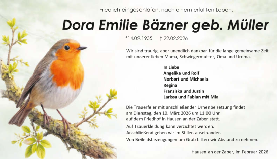 Traueranzeige von Dora Emilie Bäzner von GESAMT
