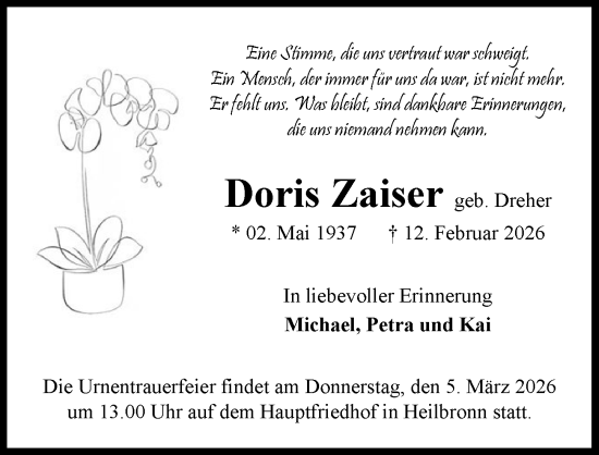 Traueranzeige von Doris Zaiser von GESAMT