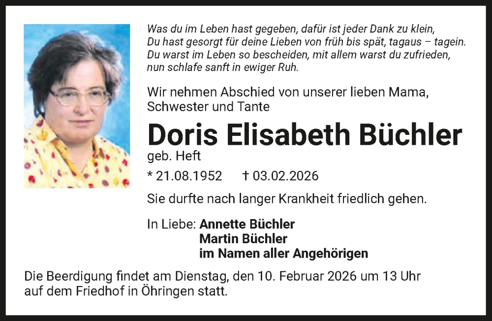  Traueranzeige für Doris Elisabeth Büchler vom 06.02.2026 aus GESAMT