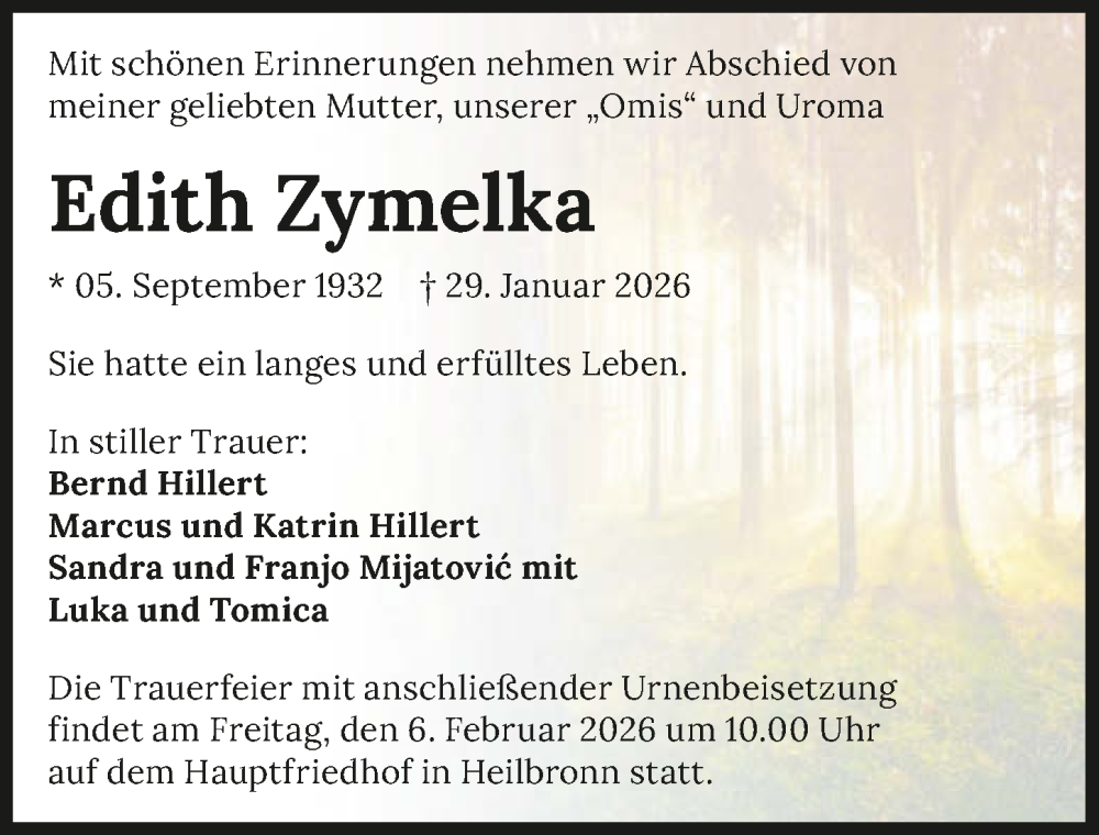  Traueranzeige für Edith Zymelka vom 04.02.2026 aus GESAMT